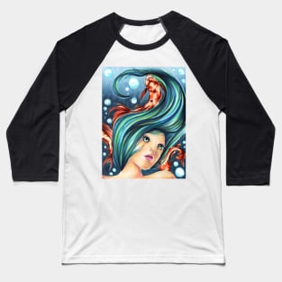 Koi Fish Underwater Ocean Girl Scene Baseball T-Shirt